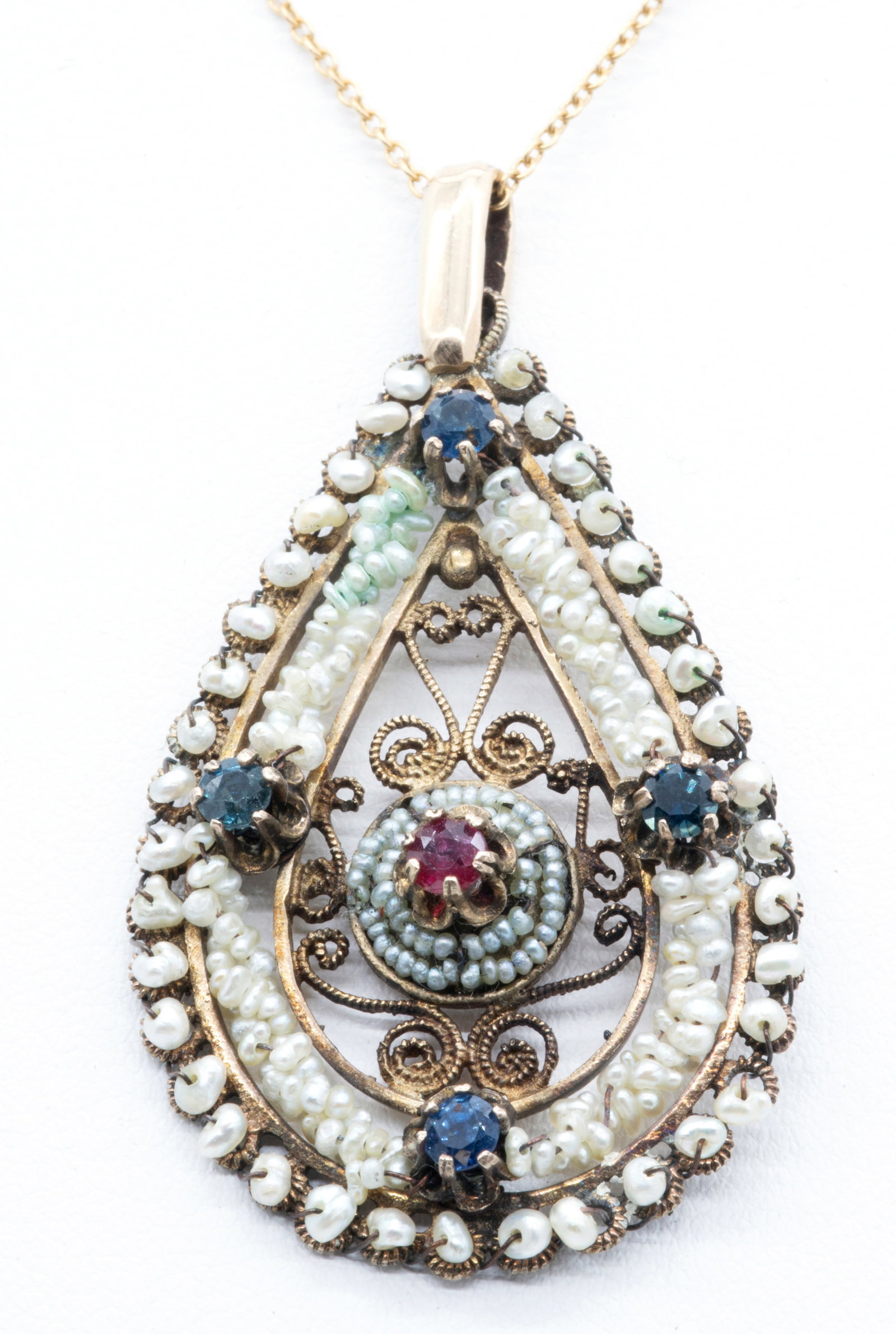 14k Yellow Gold Antique Filigree Seed Pearl Pendant (1 of 2)