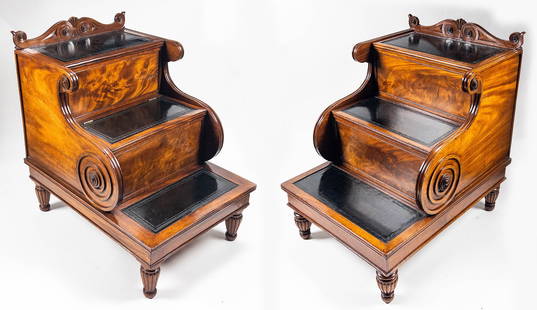 Fancy pair of 19th C. English Mahogany Regency library steps: Fancy pair of 19th C. English Mahogany Regency library steps with scrolled sides. One with hinged compartment and the other with 2 hinged compartments. Original leather tops. Measure appx 30 1/2"T x 2