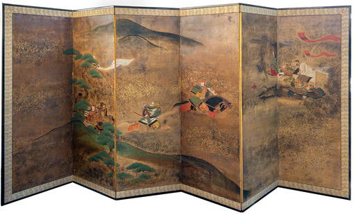 Japanese Painted 6 Panel Screen: Japanese Painted 6 Panel Screen, featuring the archer Nasu No Yoichi, Munetaki Yoshitsune Hachiman. Small tear at the bottom of one panel as shown. In very good condition. Measures apps 67 1/2" tall b