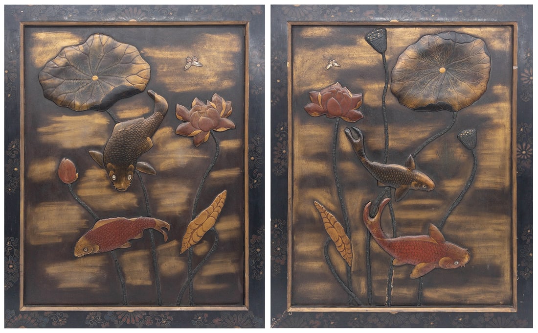Two Japanese Mixed Metal & Painted Lacquer Panels (1 of 9)