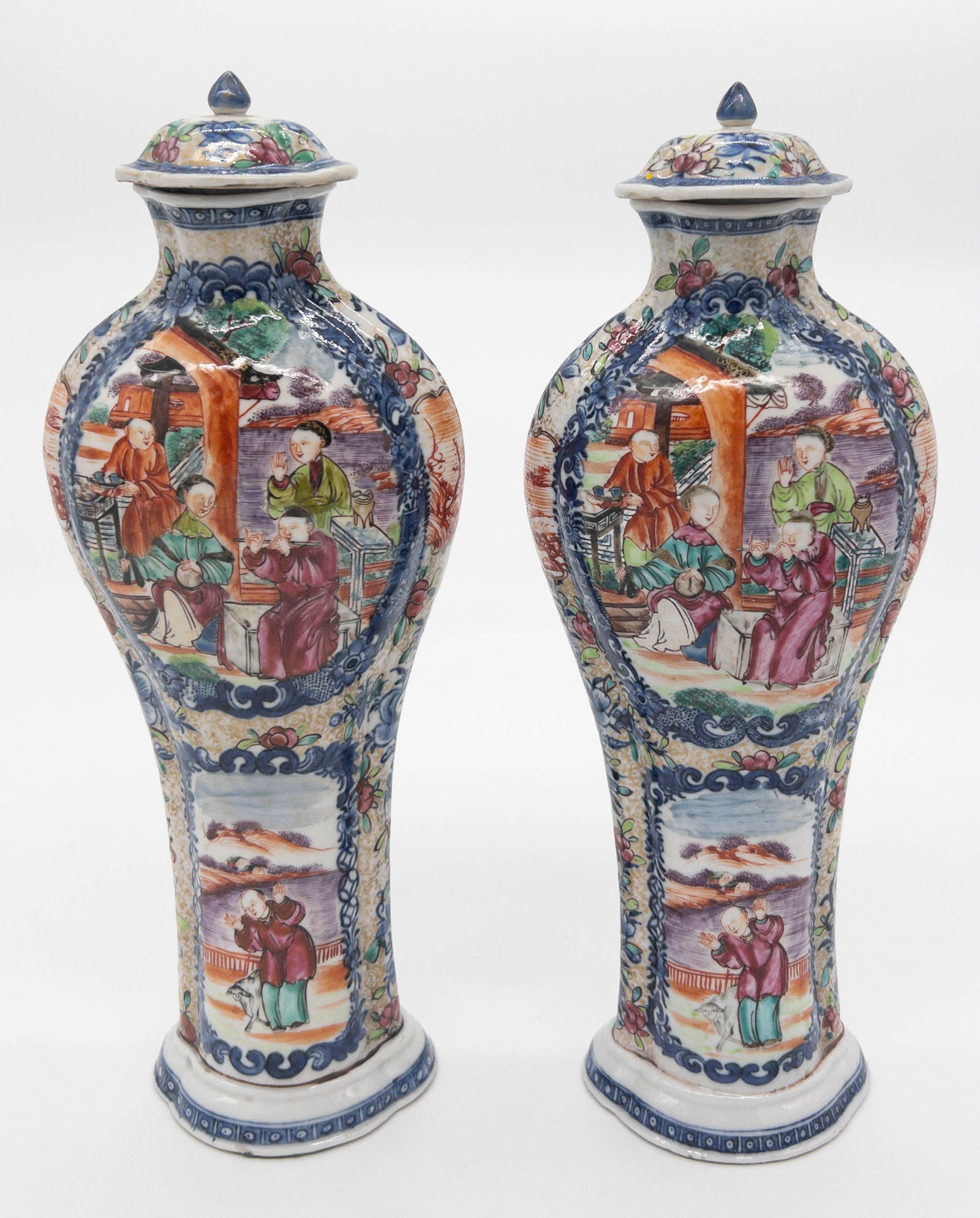 Pair of 19th C. Chinese Export Mandarin Palette Vases with Lids (1 of 10)