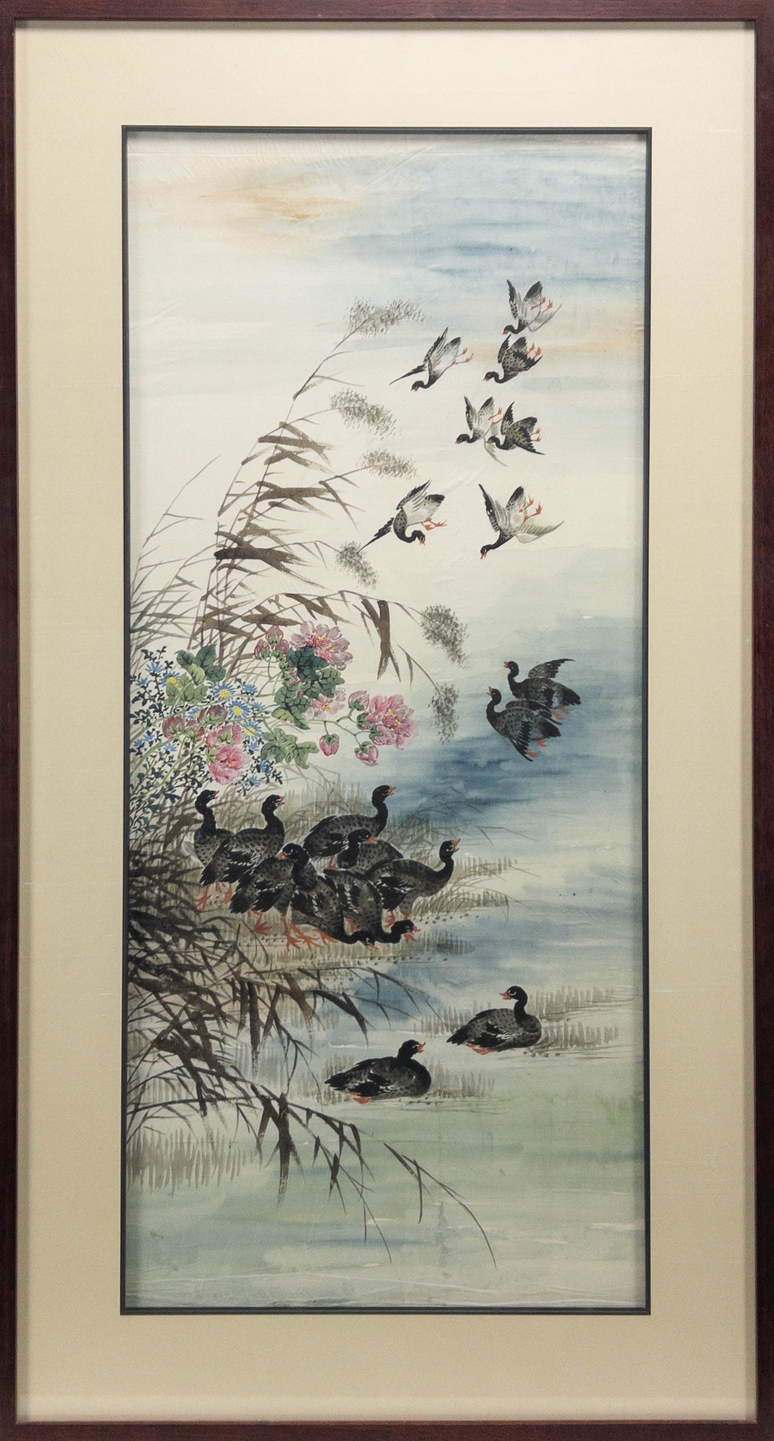 Chinese watercolor on fabric, geese: Chinese watercolor on fabric, geese, unsigned, measures appx 32 1/2" x 14 1/2" viewed, 40" x 21 3/4" framed.