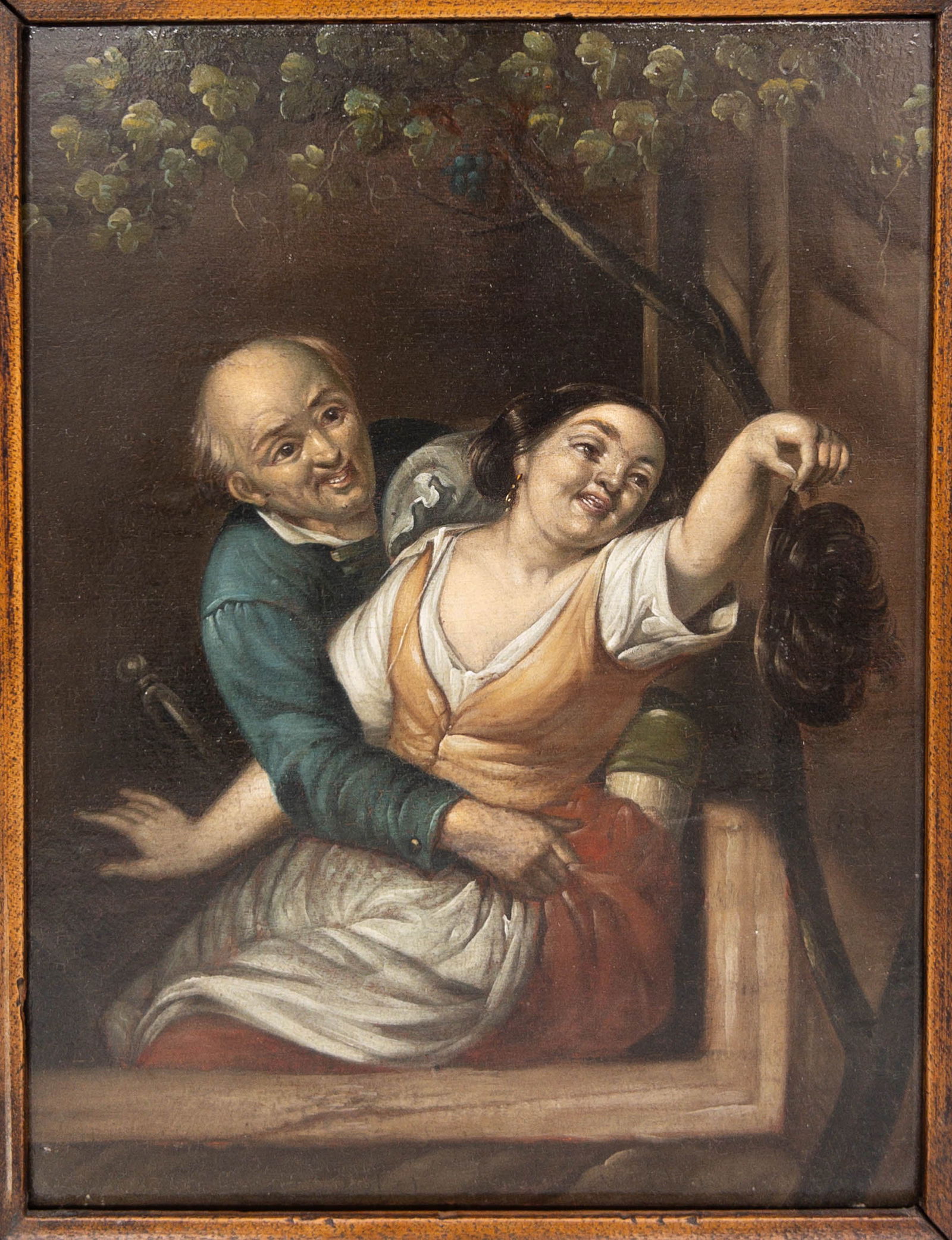 Continental school, "Flirtation," oil painting on panel: Continental school, "Flirtation," oil on cradled wood panel, measures appx 8 1/2" x 7" image size, 21 1/2" x 19 3/8" in fancy burled walnut frame.