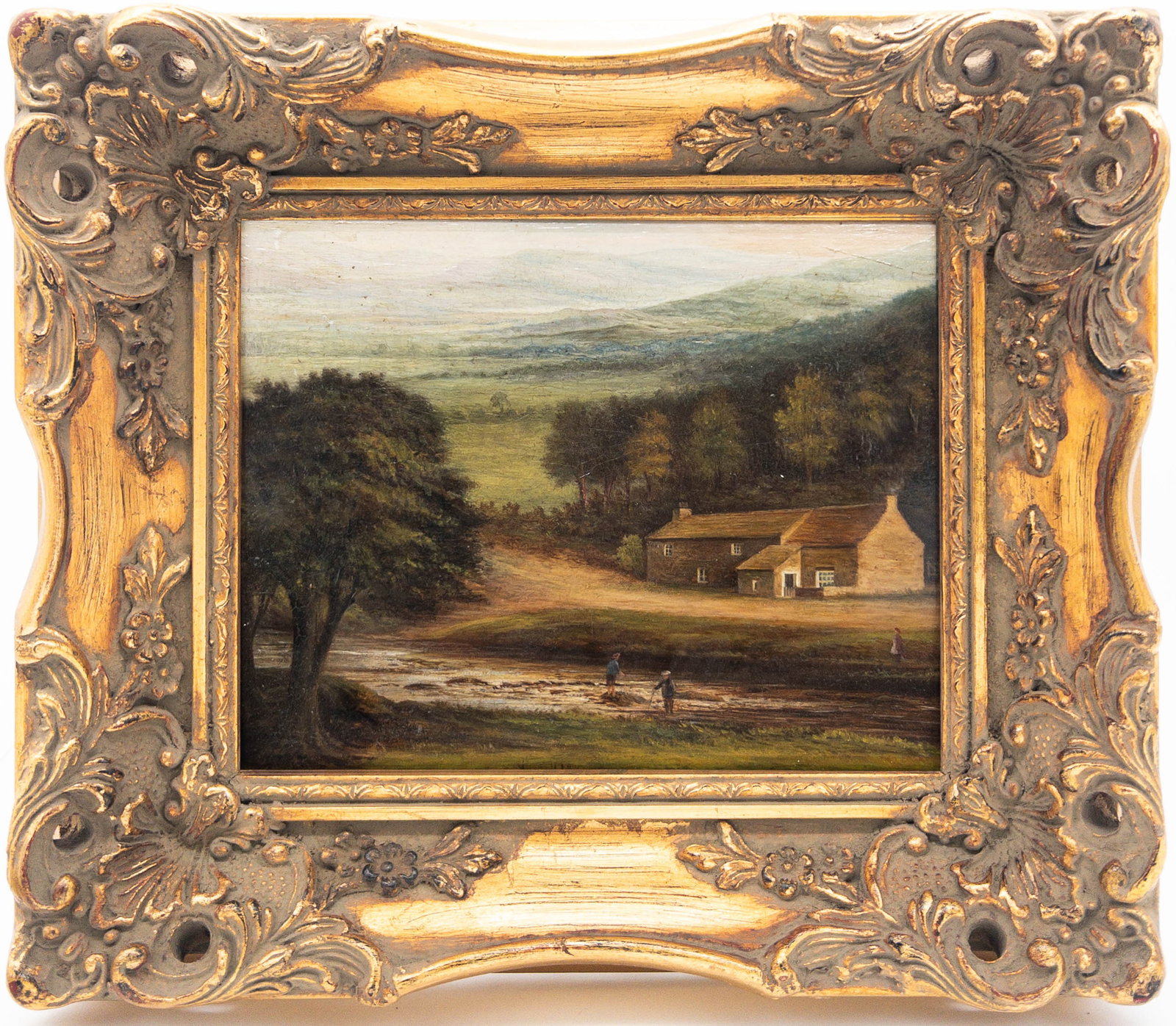Primitive, pastoral landscape with figures, oil on board: Primitive, pastoral landscape with figures, oil on board, measures appx 7 1/2" x 9 1/2" viewed, 12 3/4" x 14 3/4" framed.