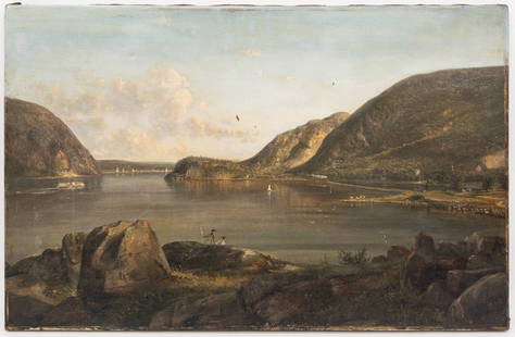 Ferdinand Richardt, Cold Spring, NY, Hudson River School Oil on Canvas: Joachim Ferdinand Richardt (Danish, 1819-1895),"Cold Spring", Hudson River School Painting. Looking from West Point towards Cold Spring, NY. Oil on canvas, Signed "F. Richardt" and Titled "Cold Spring