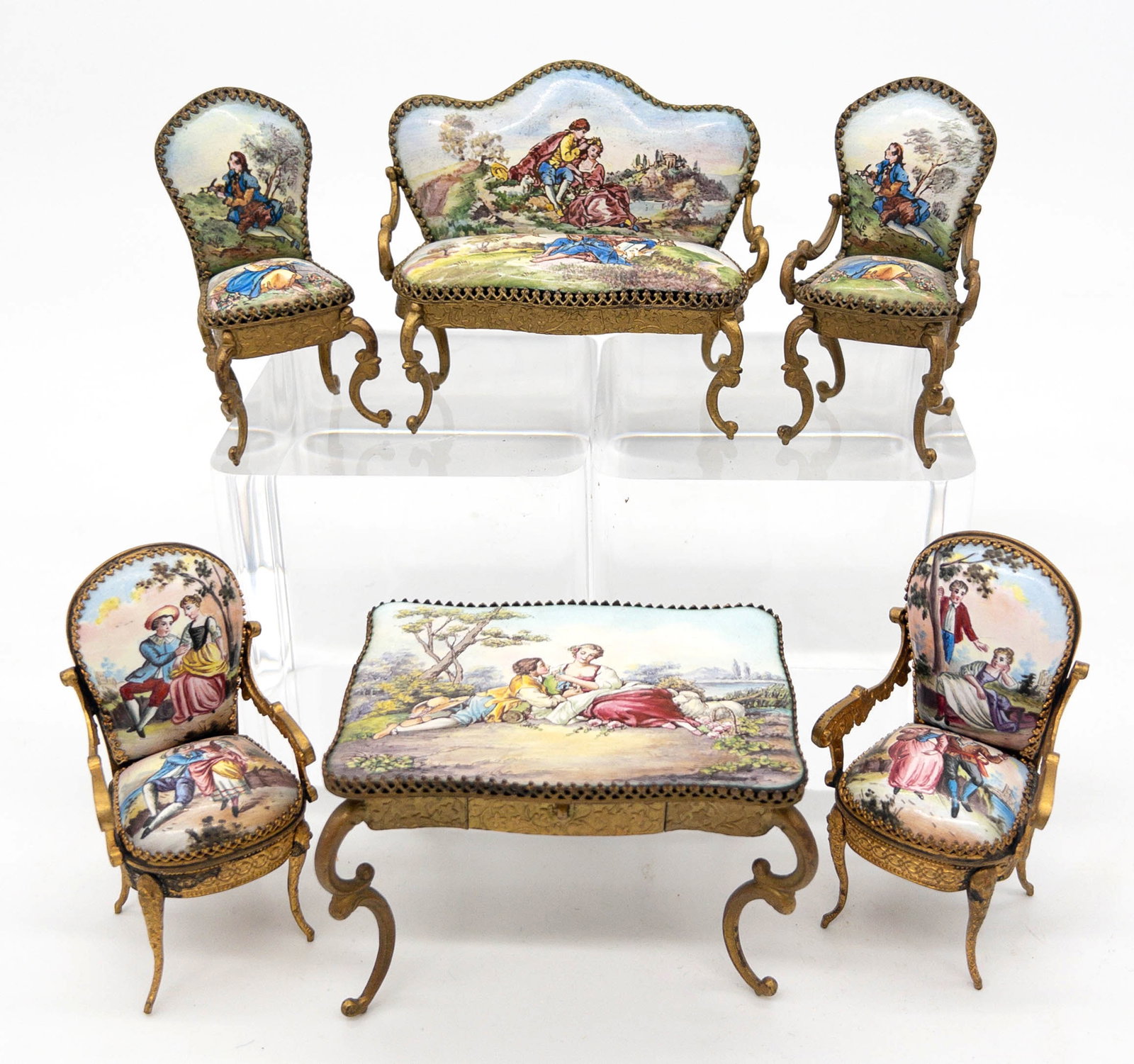 Assembled Austrian enamel painted gilt metal miniature furniture suite (1 of 10)