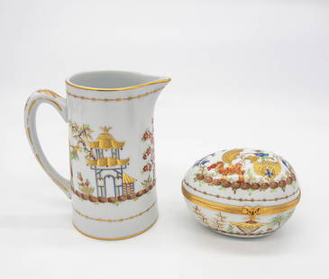 2 pcs Le Tallec Tiffany Private Stock Porcelain in Cirque Chinois: Two Pieces of Le Tallec Tiffany Private Stock Porcelain in Cirque Chinois. Pitcher measures appx 5 3/4"T, egg measures appx 4 1/2"W. In very good condition.