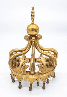 19th Century French Giltwood Bed Crown: 19th Century French Giltwood Bed Crown with tassels (2 missing). Old repair to finial and minor losses to gilt. Measures appx 16" x 12 1/2" wide x 8" deep.