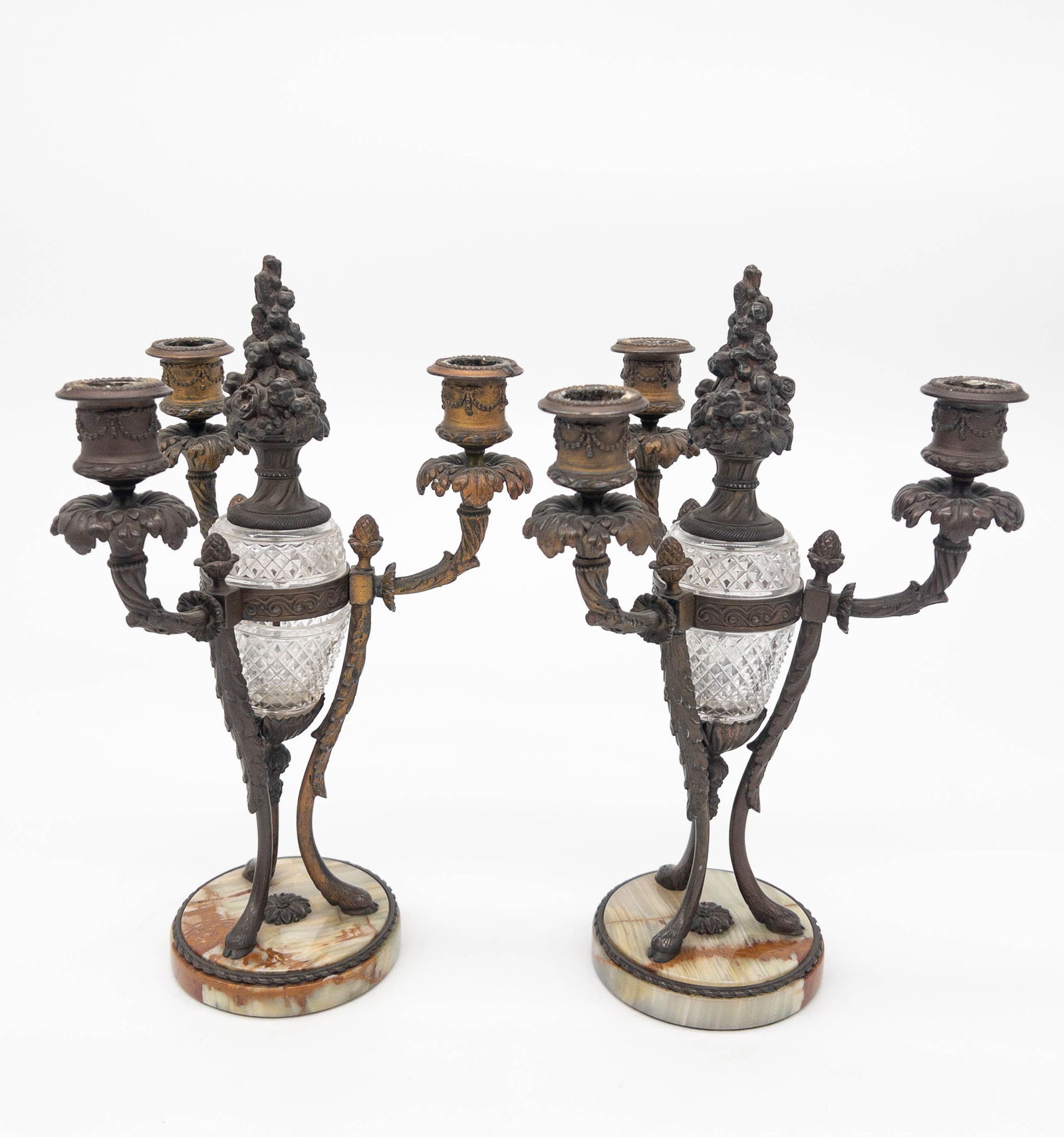 Pair of crystal bronze marble three light candelabra (1 of 5)