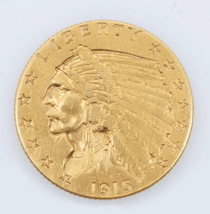 1915 Indian Head $2.50 Gold Coin: 1915 Indian Head $2.50 coin, marked B.L.P for designer Bela Lyon Pratt, 18mm diameter, appx 4.16g.