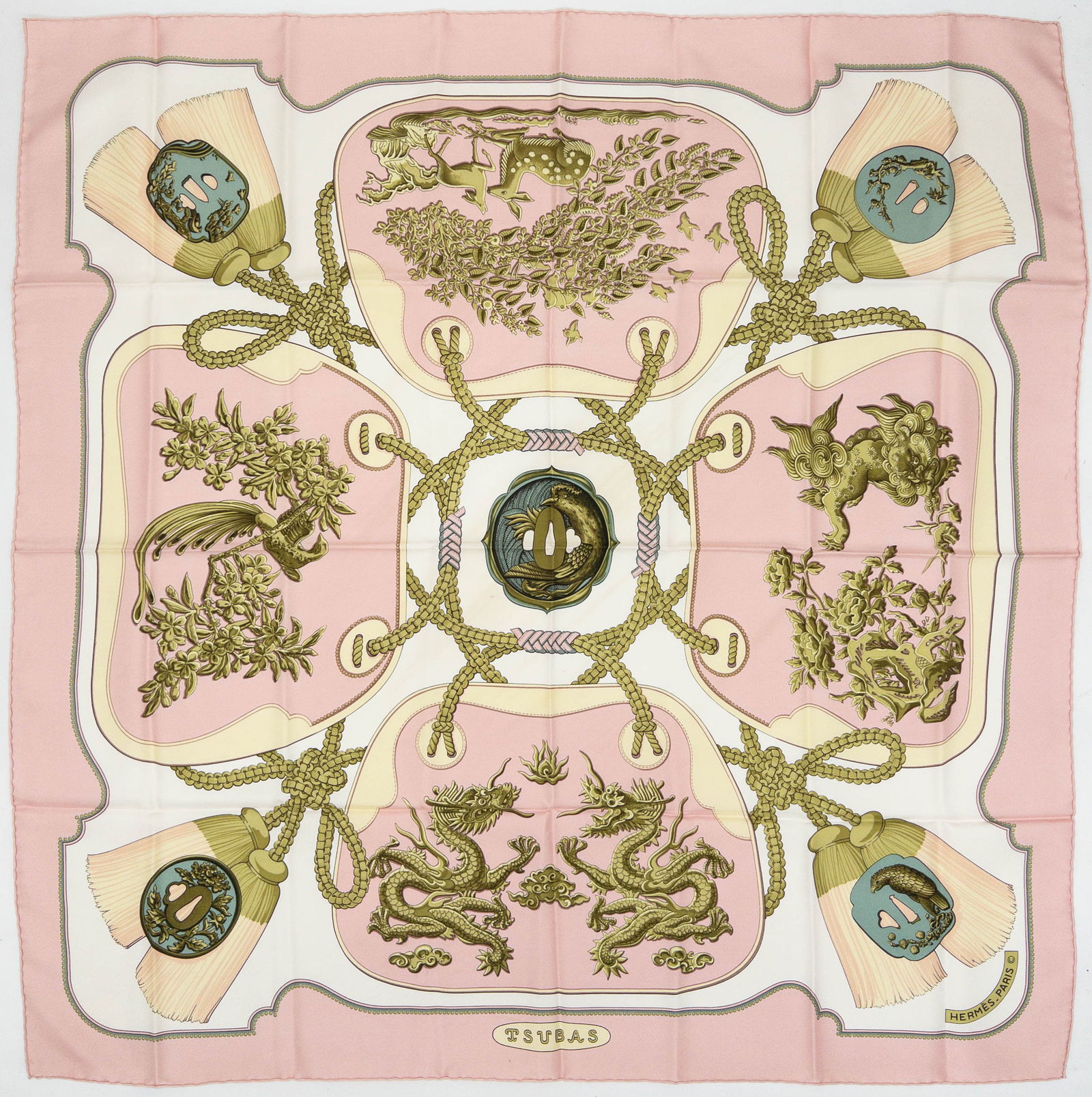 Hermes Scarf "Tsubas" Slik, 90: Hermes scarf, "Tsubas" 90cm silk, pink, gold; Asian motif with tassels, originally designed in 1991 by Christiane Vauzelles, very good condition, 34.25" x 35.5".