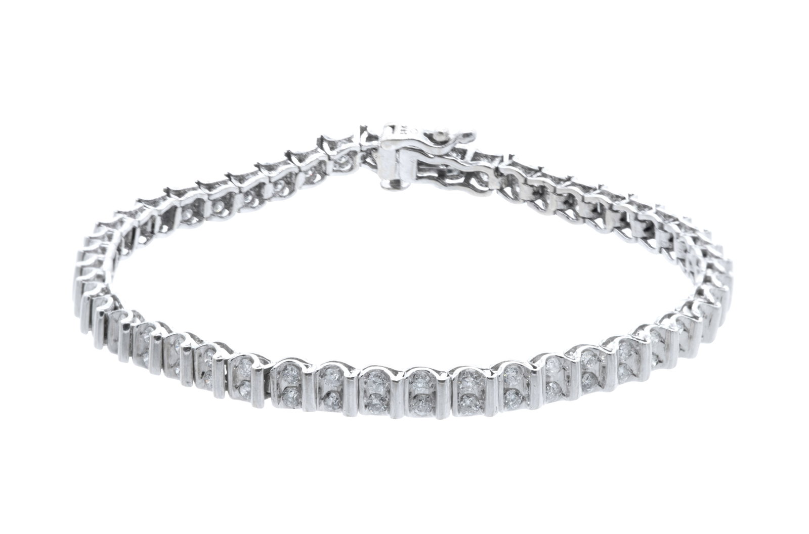 14k White Gold Diamond Tennis Bracelet: 14k white gold diamond tennis bracelet, featuring ninety-six bar-set diamonds, appx 1.37ctw, 7.25" long, 11.33g.