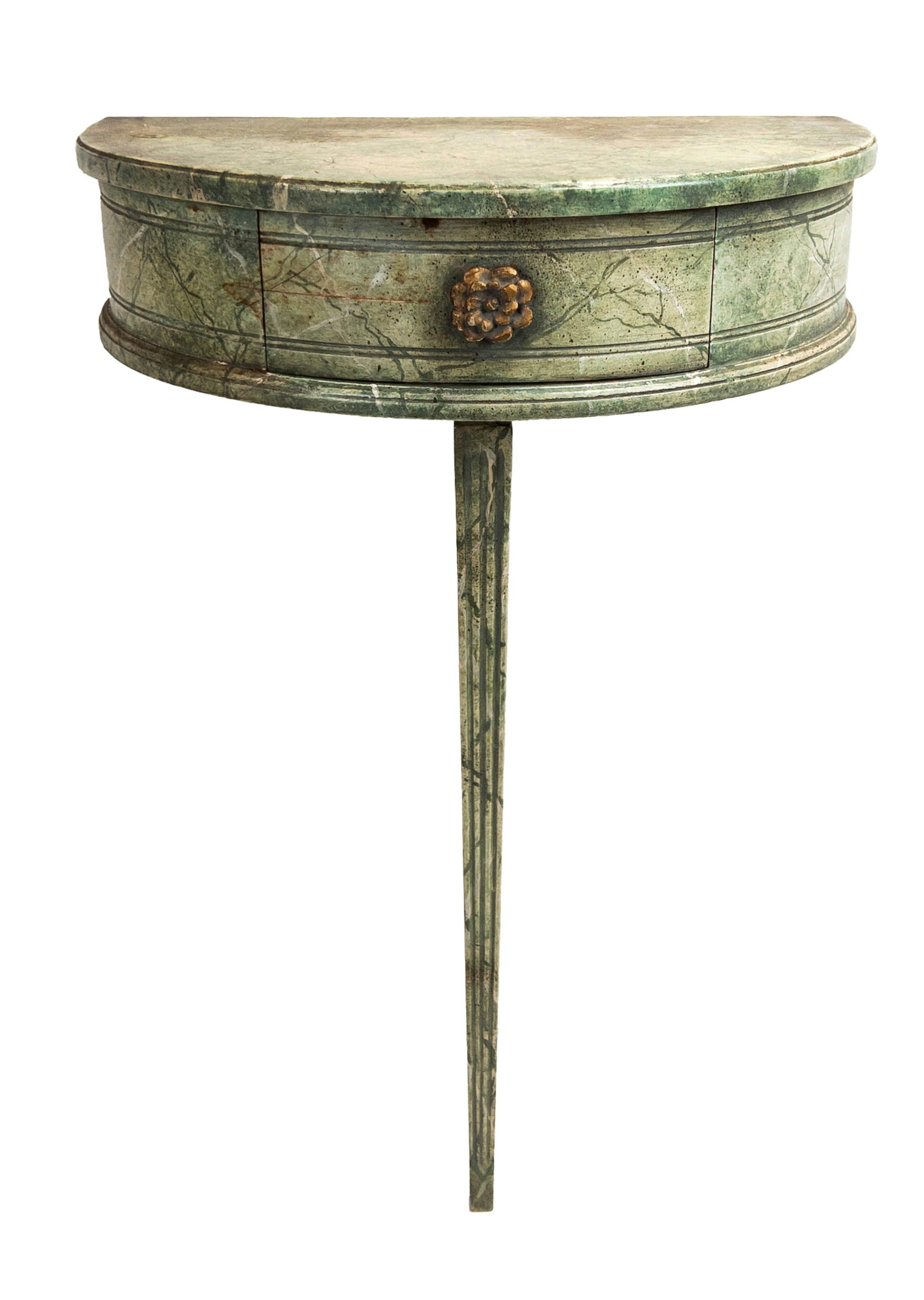 Demi-lune Wall Console with single leg and faux marble: Demi-lune Wall Console with single leg and faux marble painted surface. 28"t x 19"w x 11 1/2"d. Good condition.