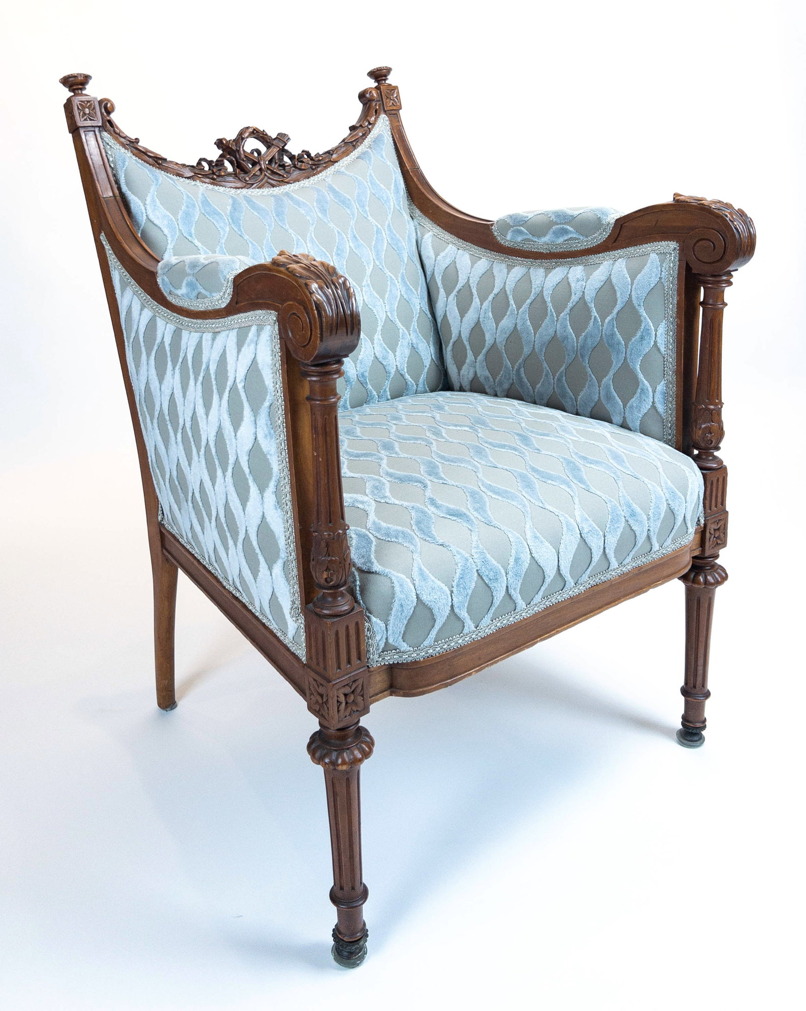 Art Nouveau Upholstered Armchair with column front: Art Nouveau Upholstered Armchair with column front and carved back. 35 1/2"t x 25"w x 28"d. Very good condition.