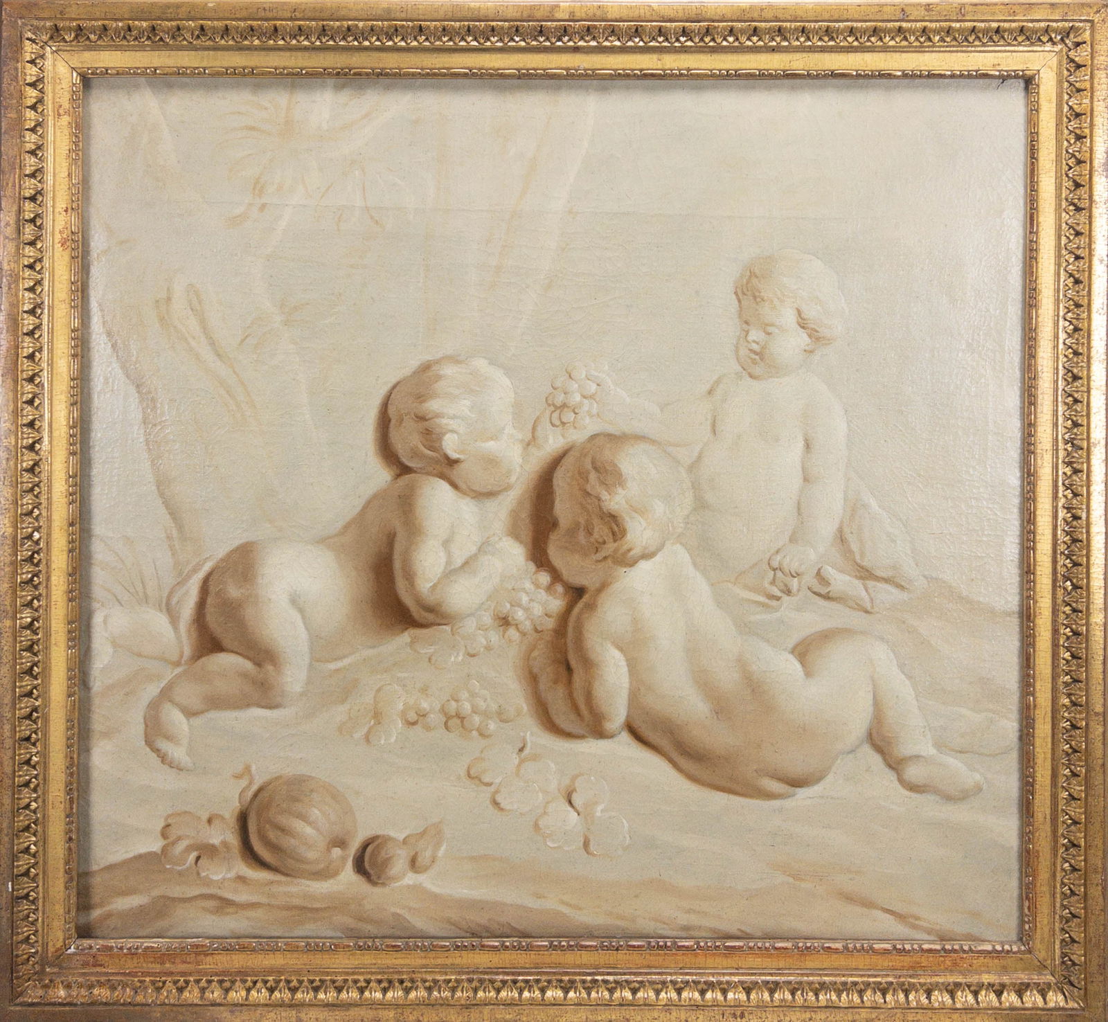 Continental school painting, likely 18th C., Putti with Grapes (1 of 6)