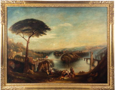 After J. M.W. Turner, Childe Harolds Pilgrimage, o/c: After Joseph Mallord William Turner, Childe Harolds Pilgrimage, oil/canvas, Signed with the initials JMWT, lower center,19th c. Image: 43" x 56"; Frame: 49" x 62 1/2". Canvas dated by Thomas Portue,