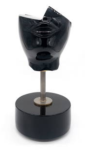 Pino Signoretto, Black Murano Art Glass, "Lips": Pino Signoretto, Black Molded Murano Art Glass Sculpture of head with detail of large lips on chin area. Signed "Pino Signoretto 1979" on bottom of base. Mounted on metal stand and glass round