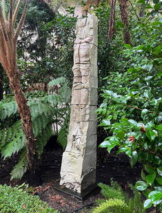 Stephen De Staebler Monumental Totem Sculpture: Mixed Media Sculpture by Stephen De Staebler (American, 1933-2011). This sculpture presents an ancient/classical aesthetic, resembling a sectioned, totem-like angular column with suggestions of a