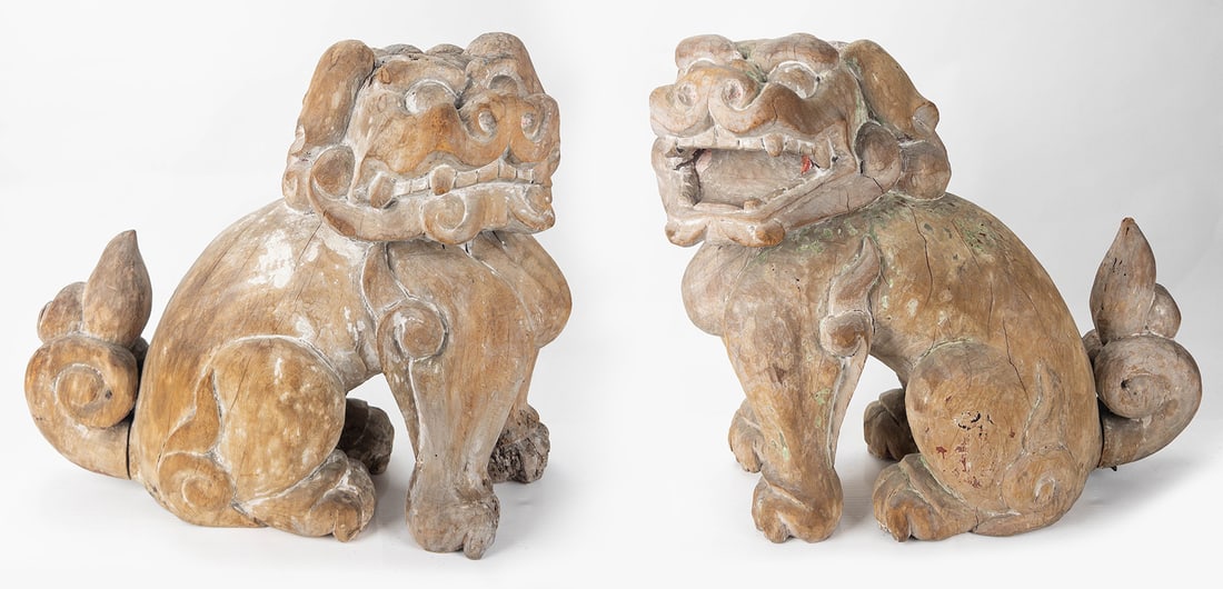 Two 19th C. Japanese Wood Shishi Lion Figures, (1 of 13)