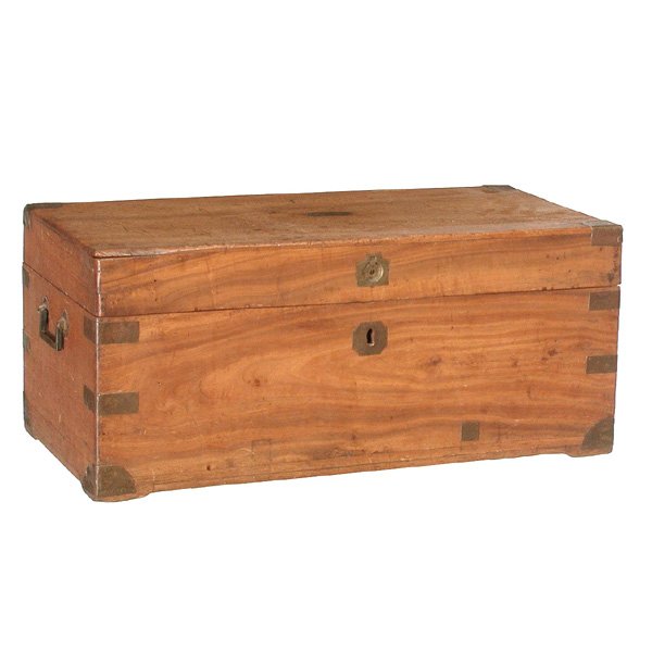 Camphorwood Chest, Brassbound: CHEST. Camphorwood chest, brassbound with lift top, 12"h x 27"w x 13.5"d, good condition, lacking interior lock and left front brass corner.