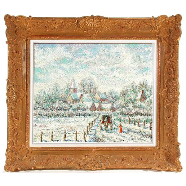 H. Claude Pissarro Painting, Fremainville sous la: PAINTING. H. Claude Pissarro (French, b. 1935), "Fremainville sous la neige" (Fremainville under snow), signed lower right, also signed "H. Claude Pissarro Le Petit-Fils" and titled on the reverse, oi