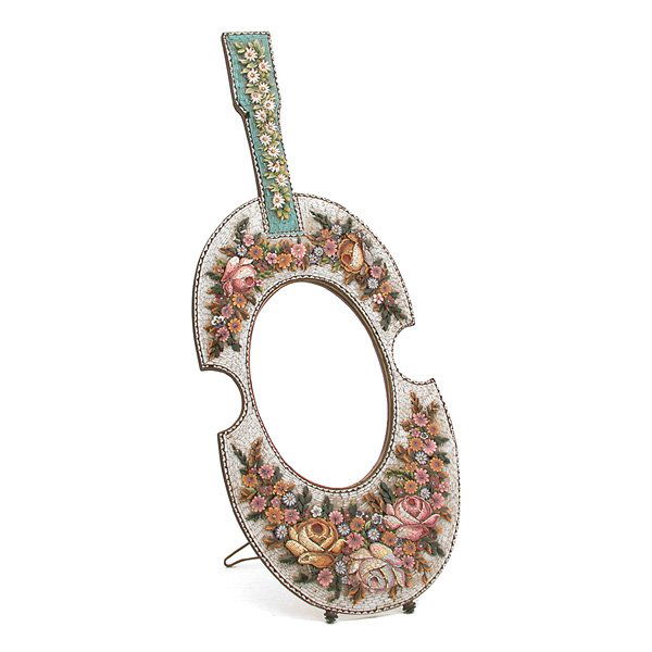 Italian Micro Mosaic Mirror, Violin-Shaped: CLOCK. Italian handcrafted violin-shaped micro mosaic mirror, having a vivid multicolor stone raised floral design and mounted on a metal frame, freestanding. 20.5" h x 8.25" w, in very good condition