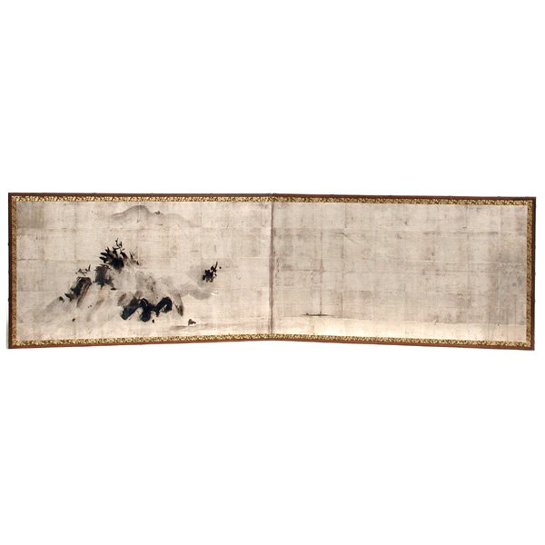 Japanese Screen, Edo Period, Haboku Landscape: SCREEN. Japanese two-panel teascreen, Haboku Landscape, Edo period, 21.5" h x 37.75" w x 2" d (folded), 73" wide open, in good condition with some wear.