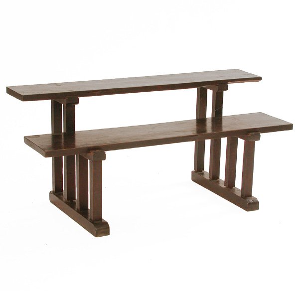 Japanese 2-Tier Display Stand.: STAND. Japanese 2-tier display stand in 4 pieces for transport, 17"h x 37"w x 16.25"d, very good condition.