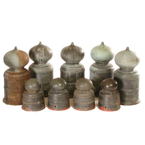 Lot of 9 Japanese Bronze Baluster Caps: BRONZE. Lot of 9 Japanese bronze baluster caps in the shape of cintamani (sacred jewel), used as top caps for fence posts and bridge posts. 2 sizes: 5 measure 13" h, 4 measure 7" h, in very good condi