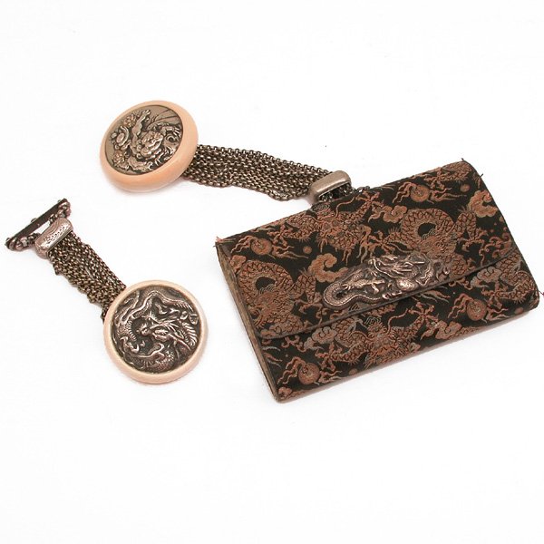 Japanese Tobacco Pouch w/ Silver Manju Netsuke: POUCH. Japanese tobacco pouch with dragon motif and attached Manju Netsuke with silver medallion (includes extra netsuke). Pouch measures 3.25" h x 5.25" w, in good condition.