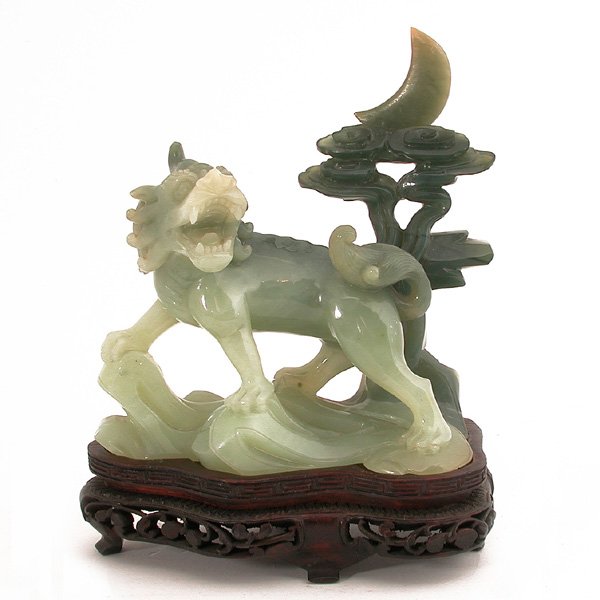 Chinese green hardstone Qi Ling on stand.: CARVING. Chinese green hardstone Qi Ling (mythical beast) on stand, 6.25"h x 4"w, very good condition.