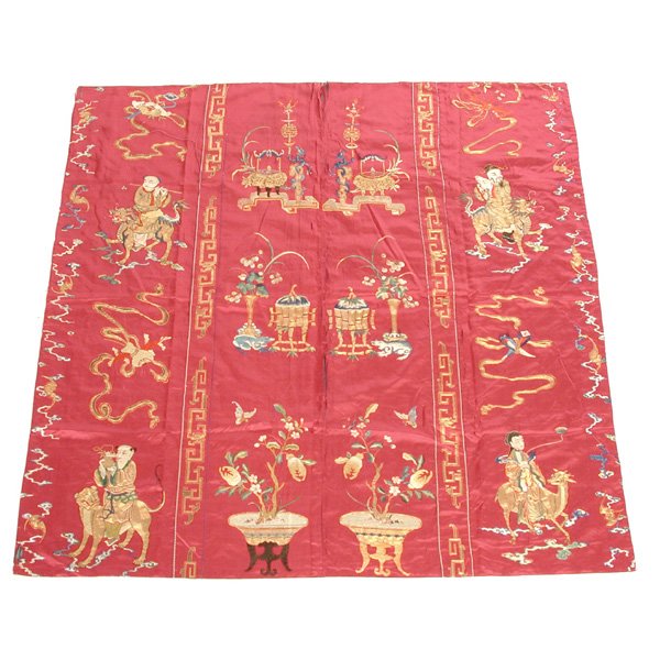 Chinese Buddhist Silk-Ground Hanging, 19th century: TEXTILE. Chinese silk-ground embroidered Buddhist pictorial hanging, 19th century. 49" x 49".