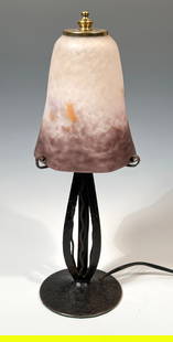 Signed Degue Art Deco Mottled Glass Lamp: Signed Degue Art Deco Mottled Glass Lamp on a Edgar Brandt type wrought iron art deco base C.1920s. Appx. 13" tall; Hexagonal shade: 4 1/2" in diameter. Good condition.