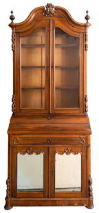American Victorian Rosewood Dropfront Secretary: American Victorian Rosewood Dropfront Secretary with glazed door and shelf cabinet above dropfront desk with fitted interior, center drawer, and mirrored cabinets below. Some veneer losses at base