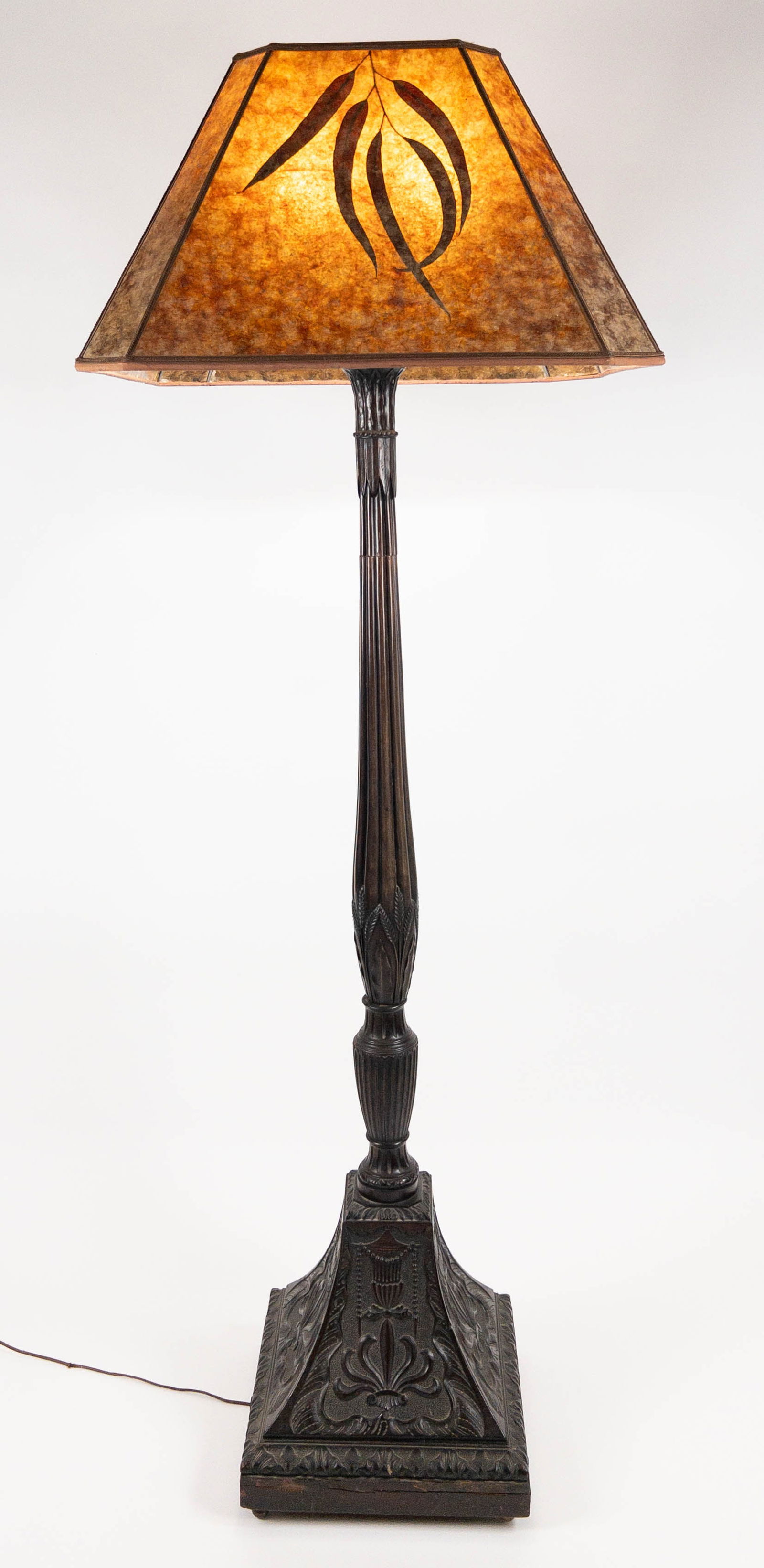 Large Carved Wood Floor Lamp with Mica Shade (1 of 9)