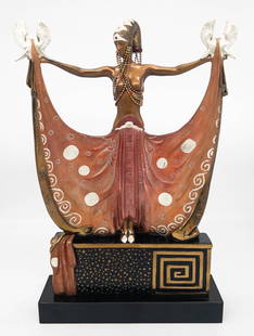 Erte "Venus" Bronze Sculpture: Erte Bronze figurine of "Venus" on pedestal base. Arms outstretched holding silver doves. Signed on base and numbered 244/375. Inscribed on back '1987 Chalk & Vermillion and Sevenarts'. Measures appx