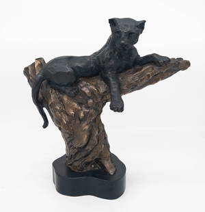 LeRoy Neiman Vigilant Panther Bronze Sculpture: LeRoy Neiman Vigilant Panther Bronze Sculpture. Signed and numbered 113/350 on base. Measures appx 15 1/2" tall including base x 15" wide x 6" deep.