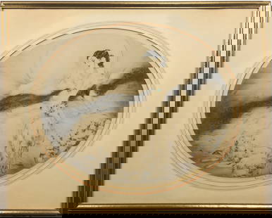 Louis Icart "La Dame aux Camelias" Signed Etching: Louis Icart "La Dame aux Camelias" Etching. Signed and embossed with windmill lower center. Copy right upper left in margin. Retains original frame. Frame measures appx 23" tall x 29" wide.