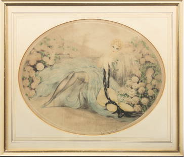 Louis Icart "La Belle Rose" Signed Etching: Louis Icart "La Belle Rose" Etching. Signed and embossed with windmill lower center. Copy right upper left in margin. Retains original frame and label as shown. Frame measures appx 23" tall x 27"