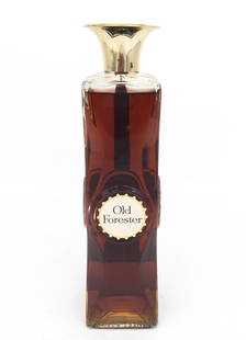 1959 Old Forester Kentucky Bourbon Whiskey Decanter: Old Forester Decanter. Kentucky Straight Bourbon Whiskey. 100 proof, 4/5 qt and sealed. Tax strip intact: "Brown-Forman Distillers Corp"; "Fall 1954 Fall 1959." With additional Colorado revenue