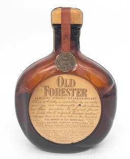 1941 Old Forester Kentucky Bourbon Whiskey: Old Forester Kentucky Straight Bourbon Whiskey. 100 proof, 4/5 qt and sealed. Tax strip and wax seals intact: "Brown-Forman Distillers Corp"; "Fall 1941 Fall 1947." Paper label slightly lifting on