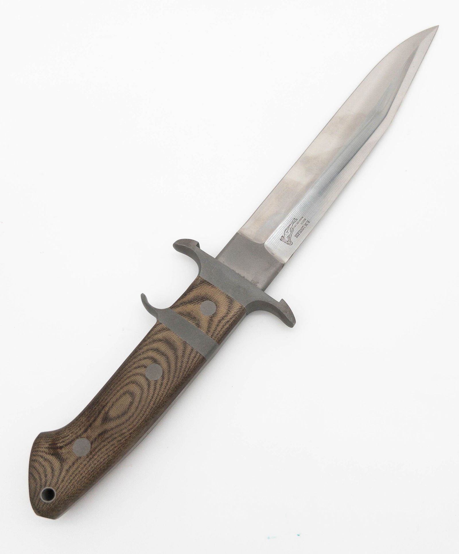 1970's R. W. Loveless Big Bear Sub Hilt Fighting Knife: R. W. Loveless Big Bear sub hilt knife that was crafted by renowned knife maker Robert "Bob" Loveless. The knife features an appx 8 1/4" clip point blade marked with circa 1970's "R.W. LOVELESS / make