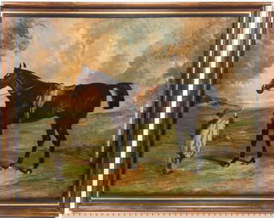 William Henderson Bay Race Horse Oil On Canvas Painting: William Henderson (English, 1844-1904) Bay Race Horse with a groom in an extensive landscape. Oil on canvas. Not relined. Two small patches on back as shown. Signed and dated lower left, 1885. Image m