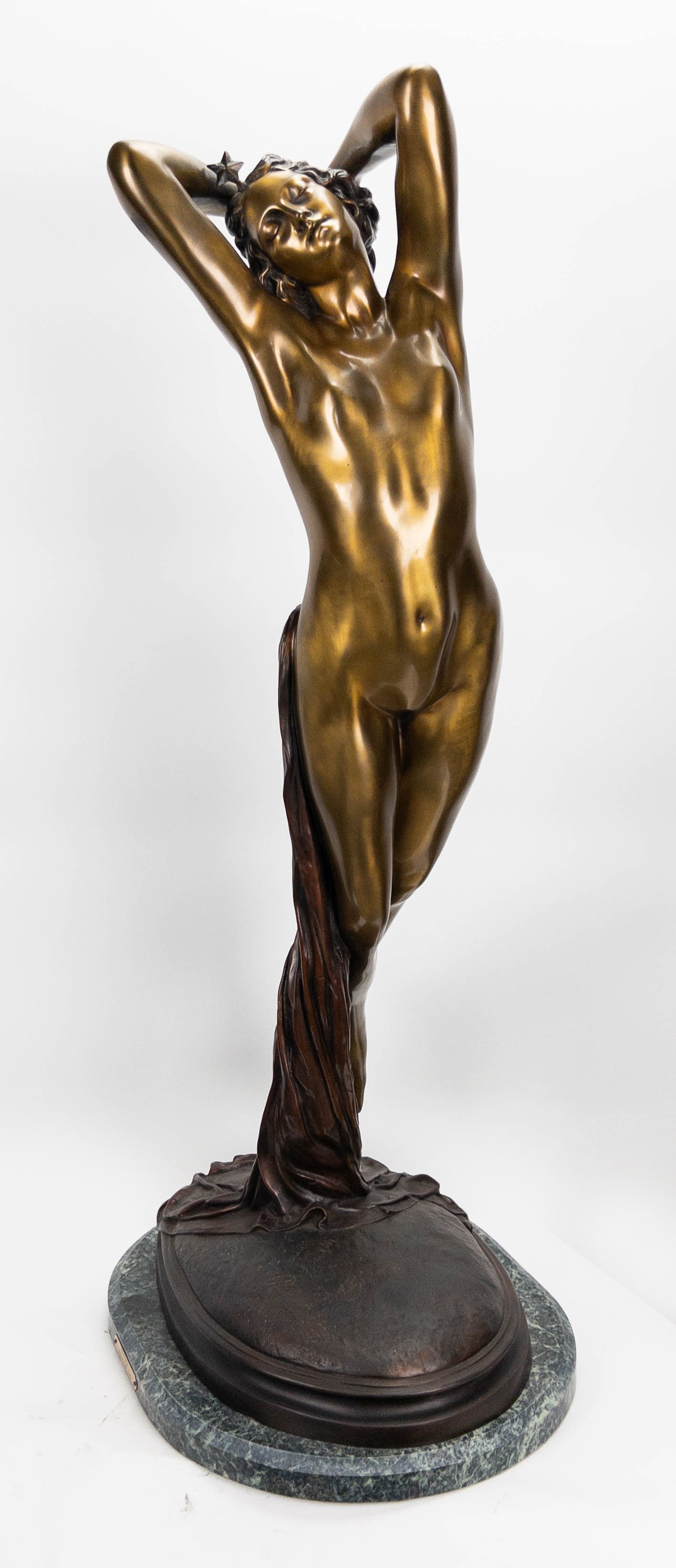 Edouard Louis Collet, Nocturne, Patinated Bronze Nude Woman: Patinated bronze sculpture of a standing nude female, titled "Nocturne", circa 1910, attributed to Edouard Louis Collet (Swiss, 1876-1957), signed on the plinth. With later marble attached. Measures a