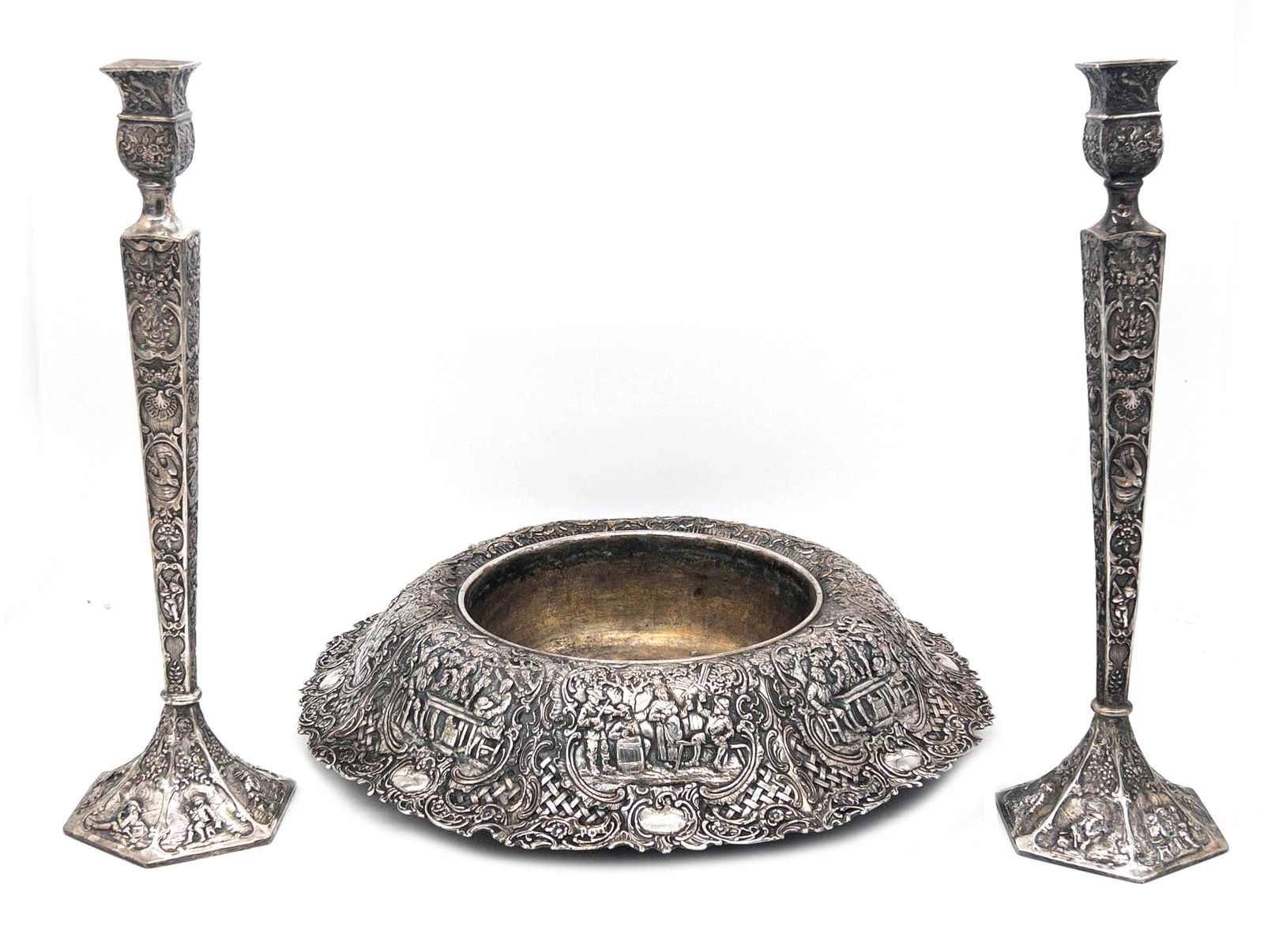 E. G. Webster Tavern Scene Candlesticks & Bowl (1 of 11)