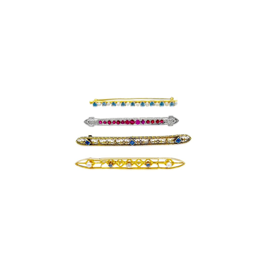 Lot of four (4) 14k gold bar pins with gem stones (1 of 1)
