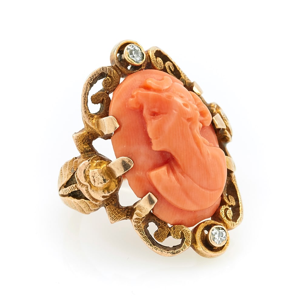 10k Yellow gold, carved coral cameo and diamond ring (1 of 1)