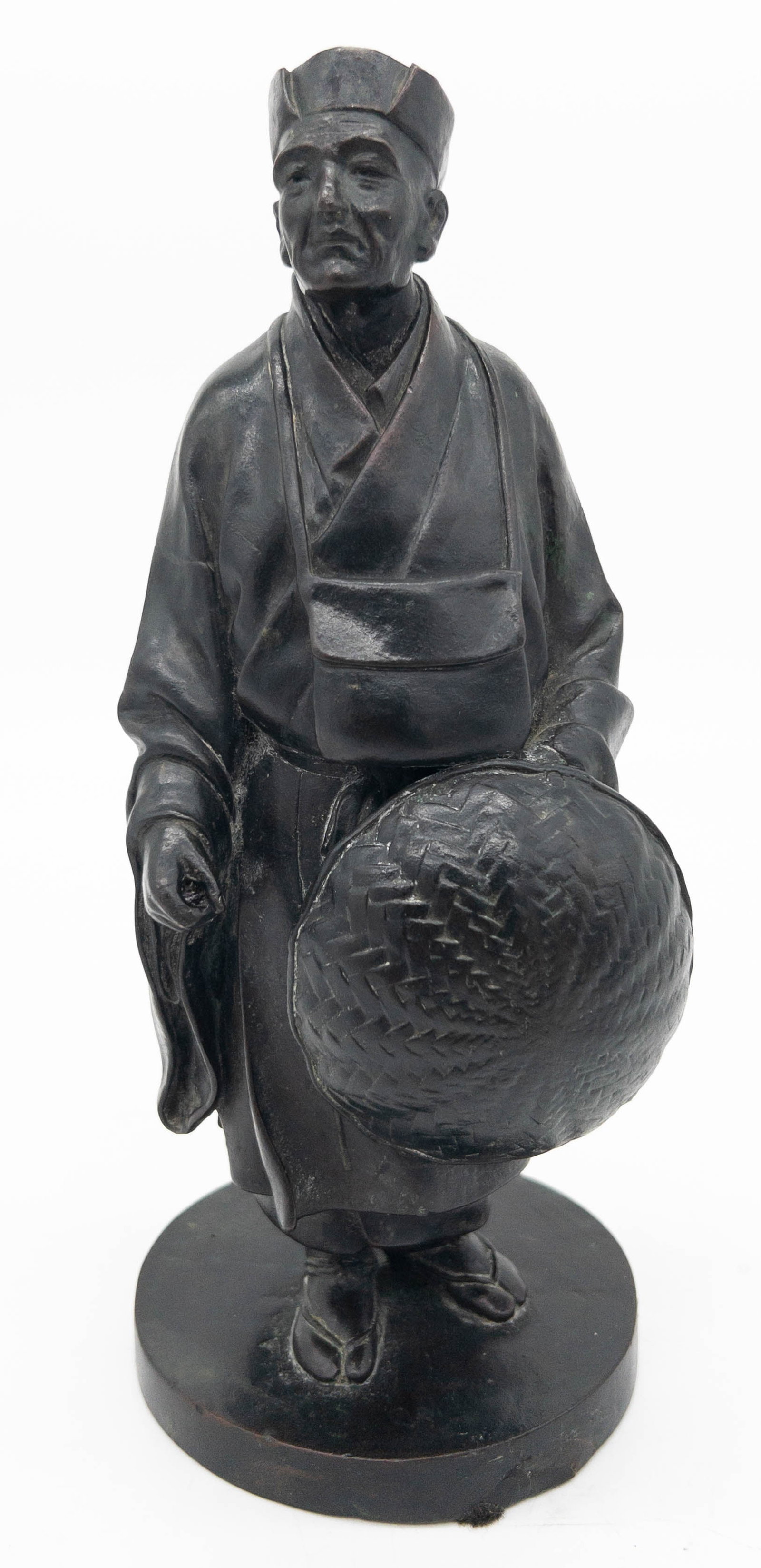 Japanese Bronze Figure with Straw Hat: Japanese Bronze Figure with Straw Hat. Meiji era (1868-1912). Loss to piece in hand and old repair to base as shown. Measures appx 10" tall.