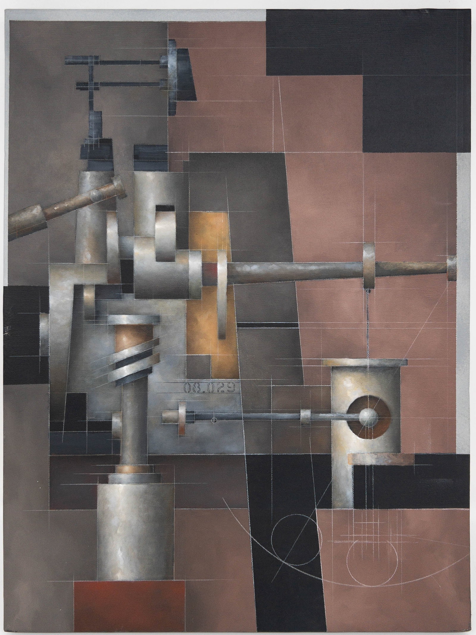 Ken Berman Industrial Oil On Canvas Painting #1: Ken Berman Industrial Oil On Canvas Painting. Bay Area, California artist. Signed verso. Titled "08029". Unframed, measures appx 24" x 18". In very good original condition.