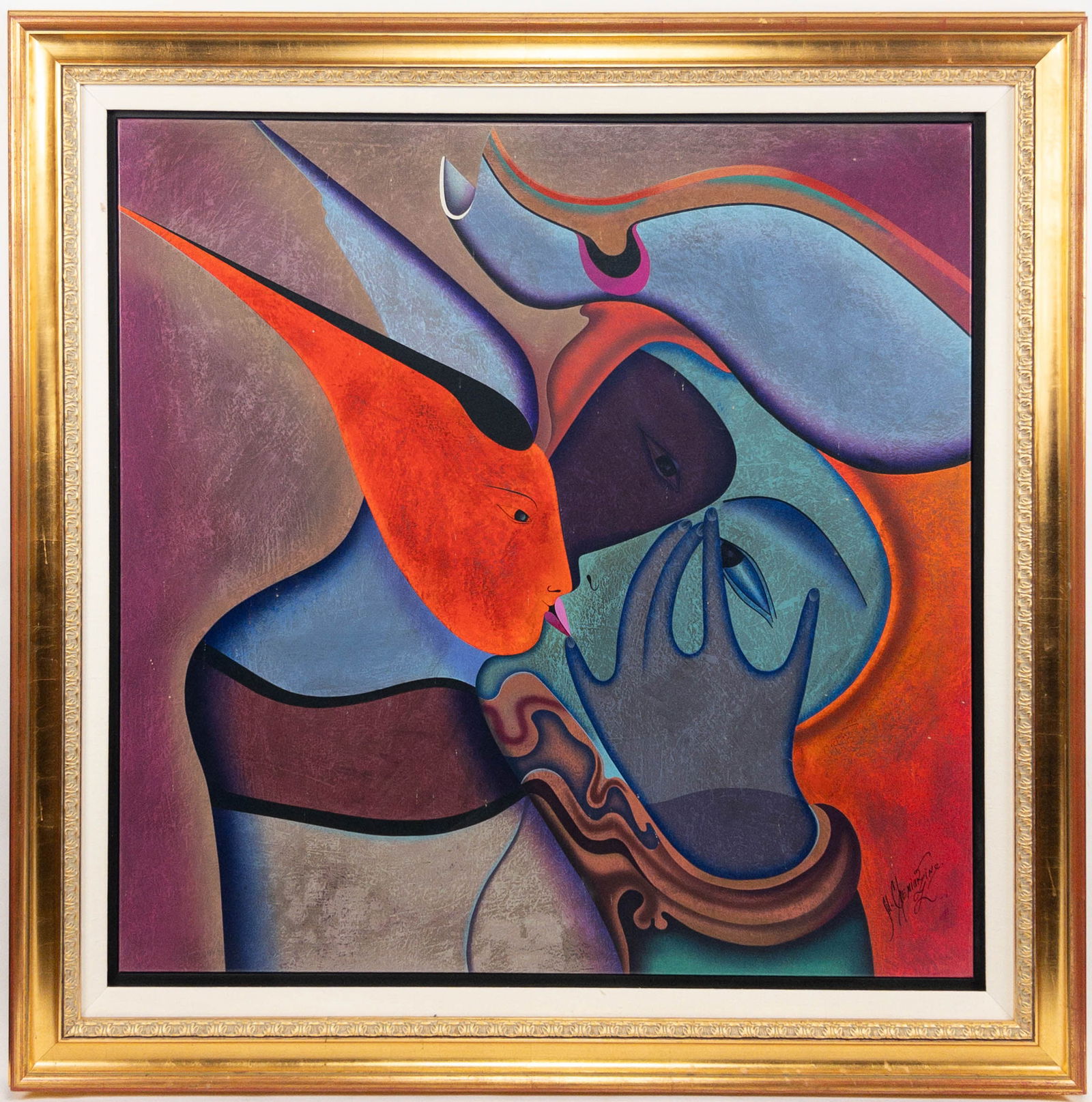 Mihail Chemiakin, "Le Baiser / The Kiss": Mihail Chemiakin, "Le Baiser / The Kiss". Modeled texture on canvas. Signature lower right. Measures appx 39" x 39" viewed and 45" x 45" framed.